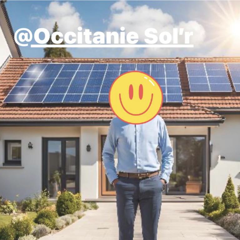 occitanie sol'r installation de panneaux solaire photovoltaiques et energie renouvelable Homme souriant devant une maison avec des panneaux solaires sur le toit.