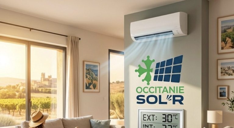 occitanie sol'r installation de panneaux solaire photovoltaiques et energie renouvelable Panneaux solaires installés sur un toit de tuiles, en arrière-plan des champs.