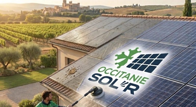 occitanie sol'r installation de panneaux solaire photovoltaiques et energie renouvelable Panneaux solaires installés sur un toit de tuiles, en arrière-plan des champs.