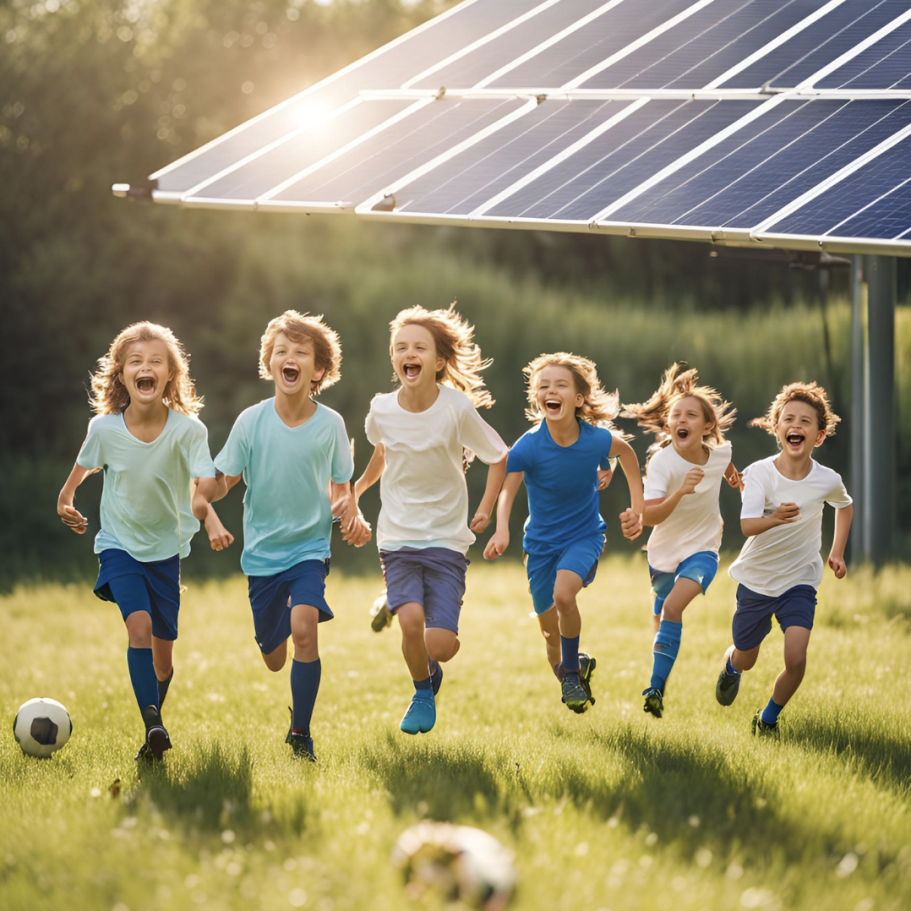 Des enfants heureux courent ensemble dans un champ, avec des panneaux solaires en arrière-plan.