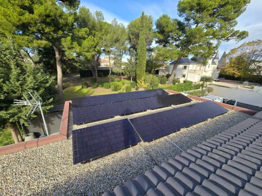 Panneaux solaires sur un toit, entourés d'arbres et d'un jardin.