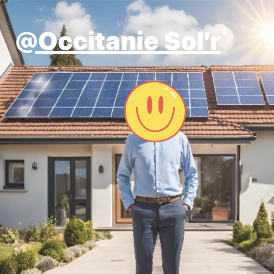 Homme souriant devant une maison avec des panneaux solaires sur le toit.